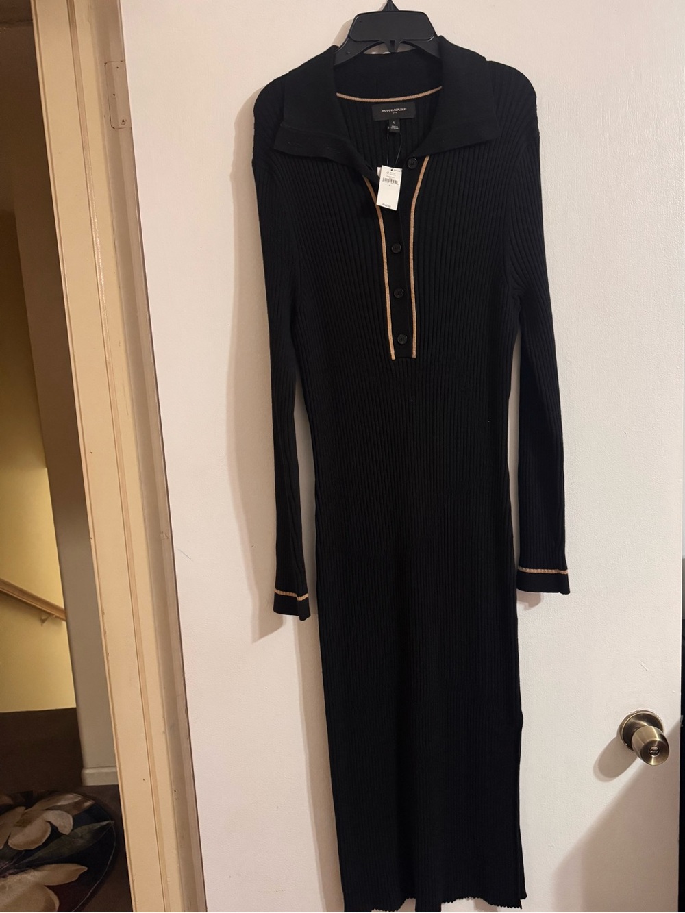 Banana Republic Black Ribbed Long-Sleeve Polo Midi Dress with Tan Trim